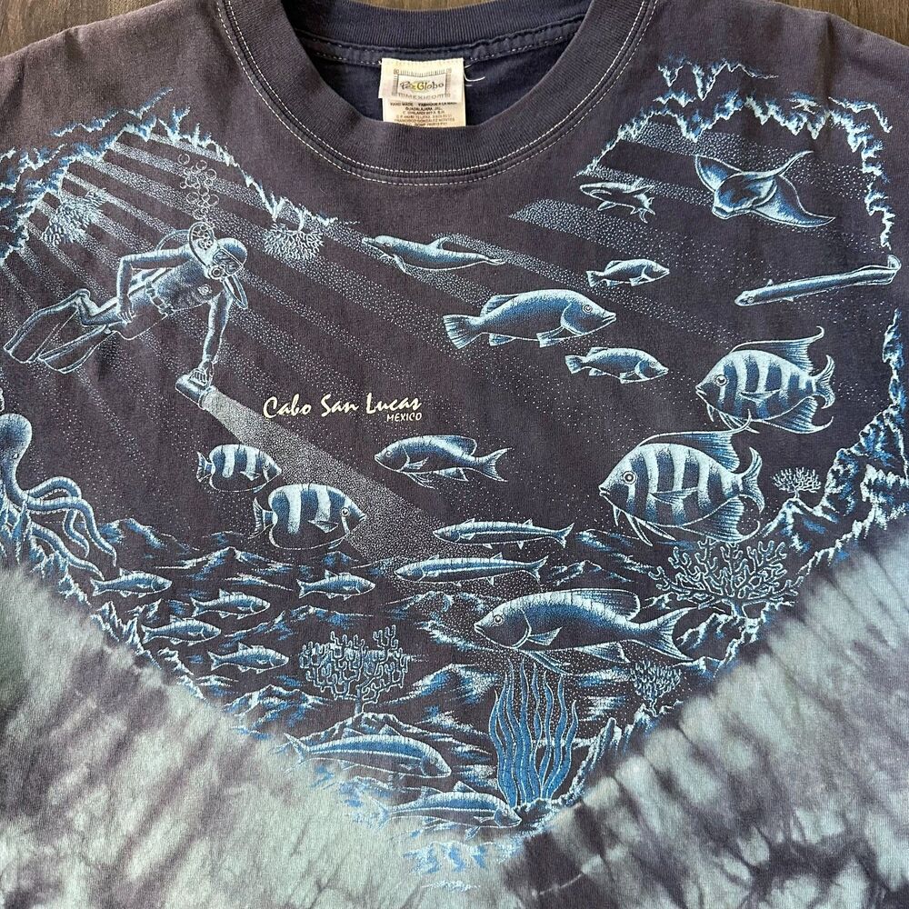 Vtg Cabo Mexico Blue Tie Dye T-Shirt Ocean Fish Blue Pez Globo Tag Mens Sz Large - Picture 3 of 7